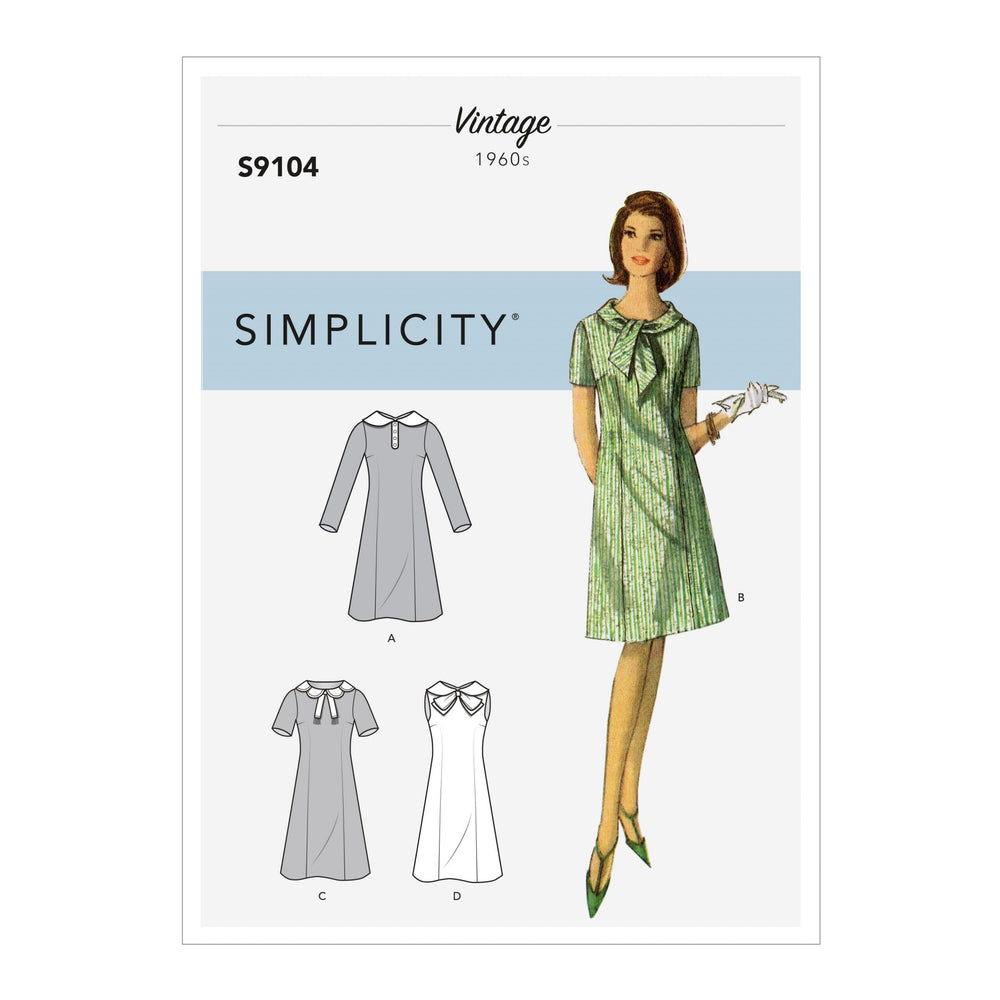 Simplicity Sewing Pattern S9104 Misses' Vintage Dresses With Sleeve & Neckline Variation H5 Sizes 6-14